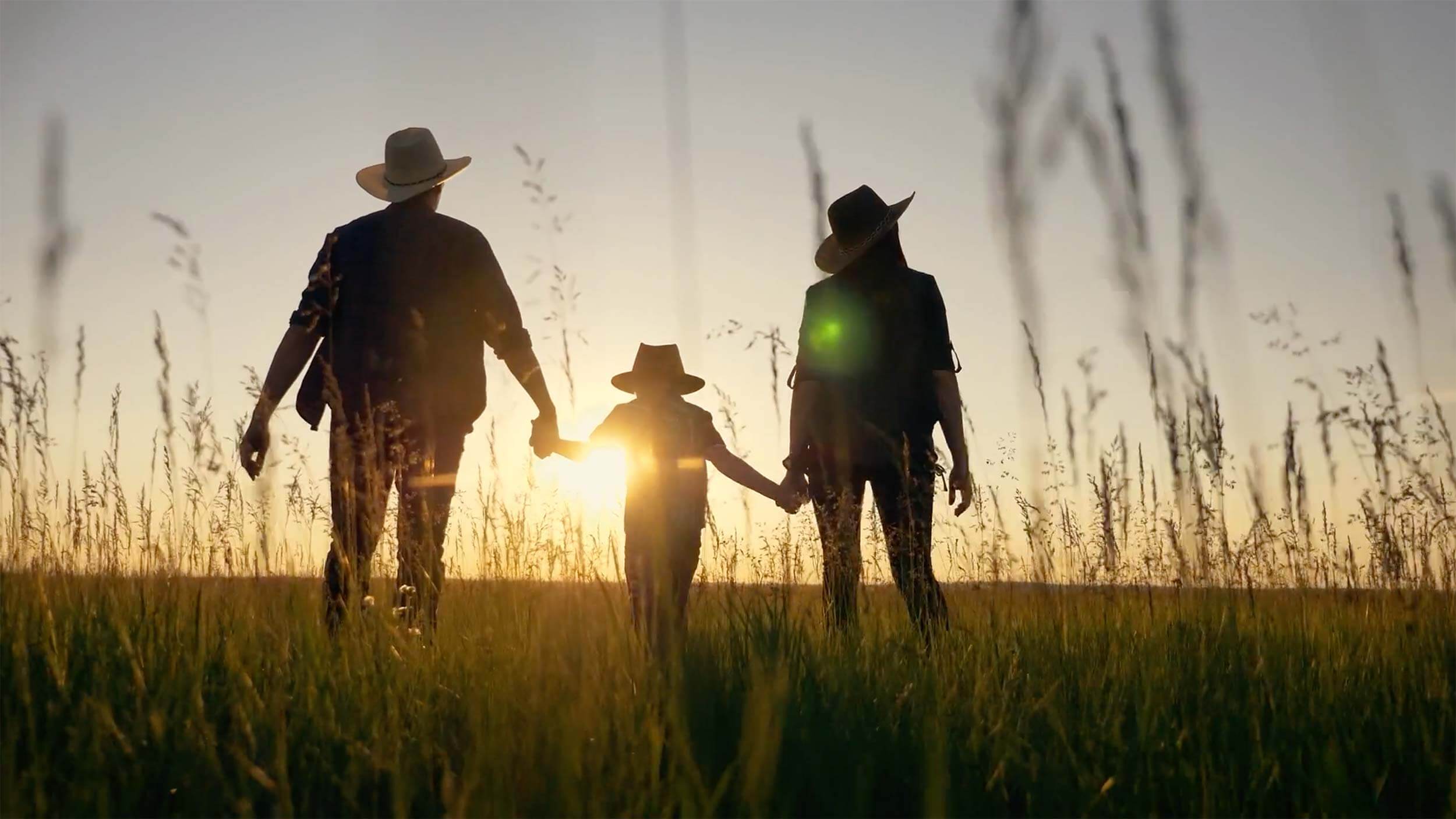 Family walking through clean fields